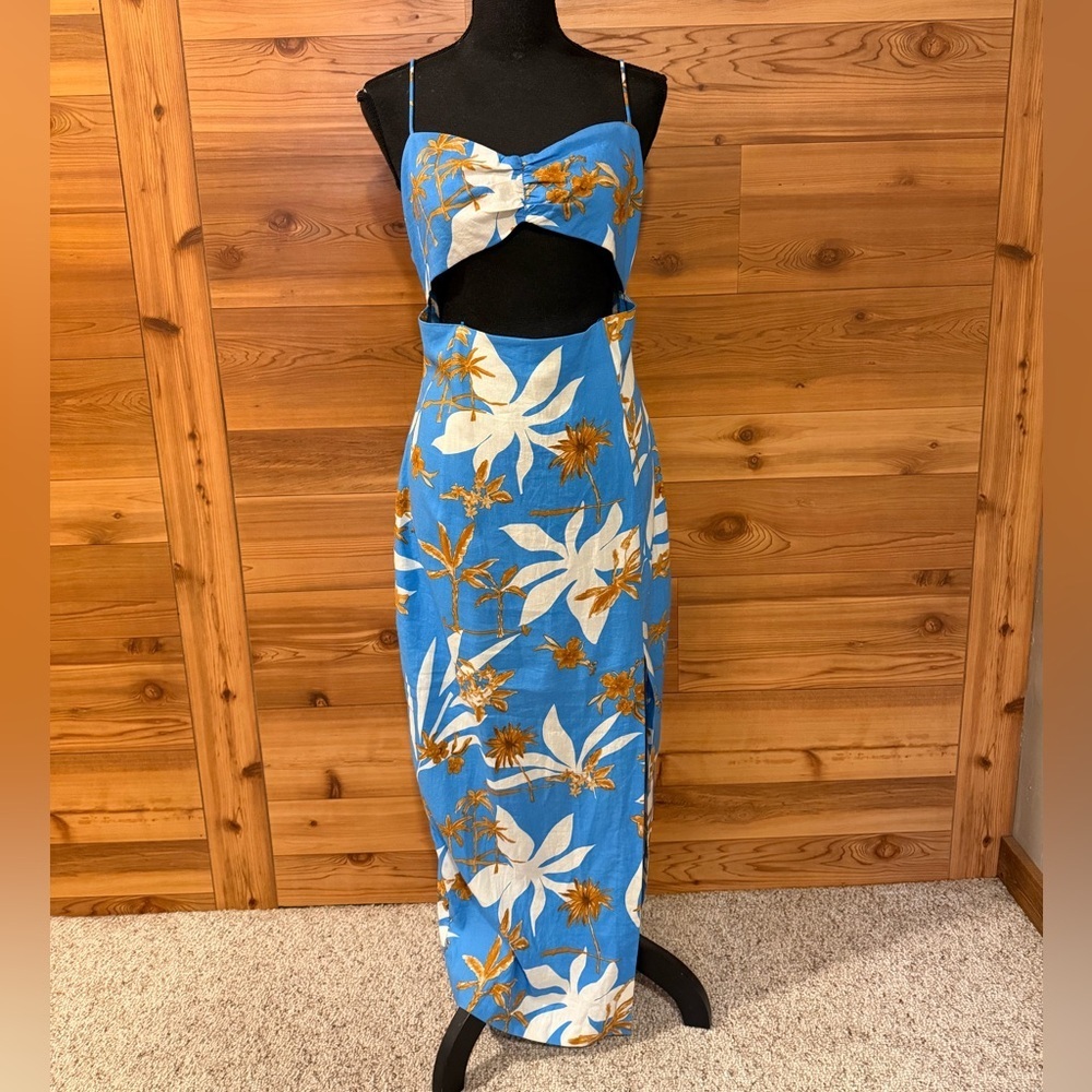 Zara Tropical Floral Blue Linen Blend Cut Out Front Slit Dress - Picture 4 of 13